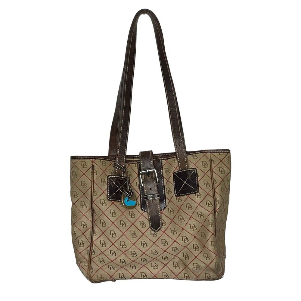 Dooney & Bourke Tote Purse Women's Small Medium Tan Red Canvas Monogram Logo